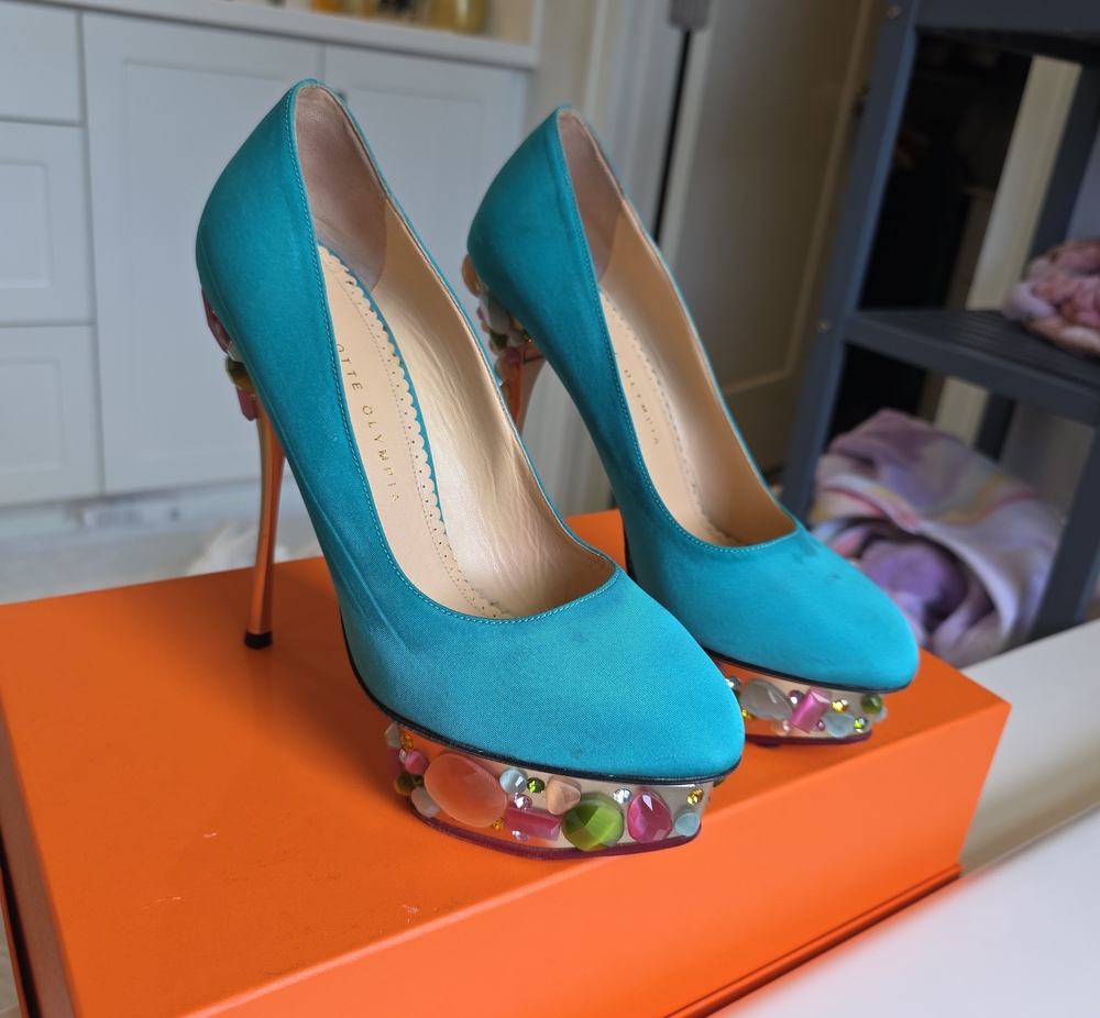 Charlotte Olympia Turquoise Jeweled Platform Pumps